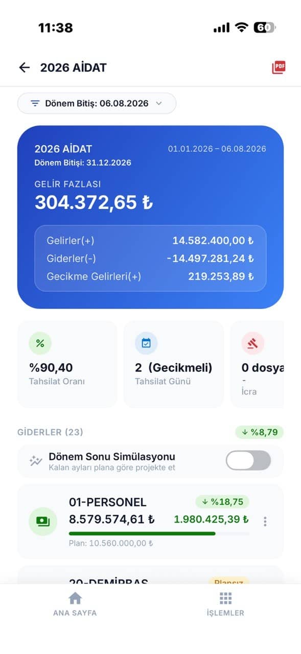 Kendin Yönet mobile app: period income surplus, collection rate and expense items