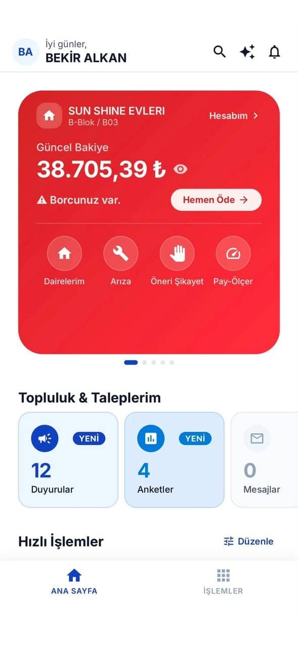 Kendin Yönet resident app: current balance and payment, account summary, message centre, balance breakdown, heat cost allocation and surveys