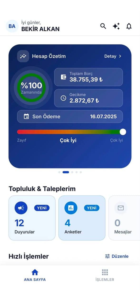 Kendin Yönet resident app: account summary, balance breakdown, heat cost allocation, message centre and surveys